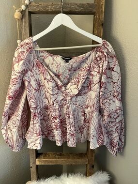 Express White Peplum Blouse with Burgundy Floral Print